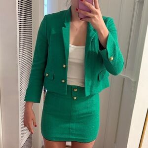 Zara Green Blazer and Skirt Set with Gold Buttons
